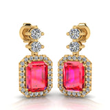 Emerald Cut 1 Carat Ruby Natural Diamond Halo Drop Earrings E1ECR - HEERA DIAMONDS