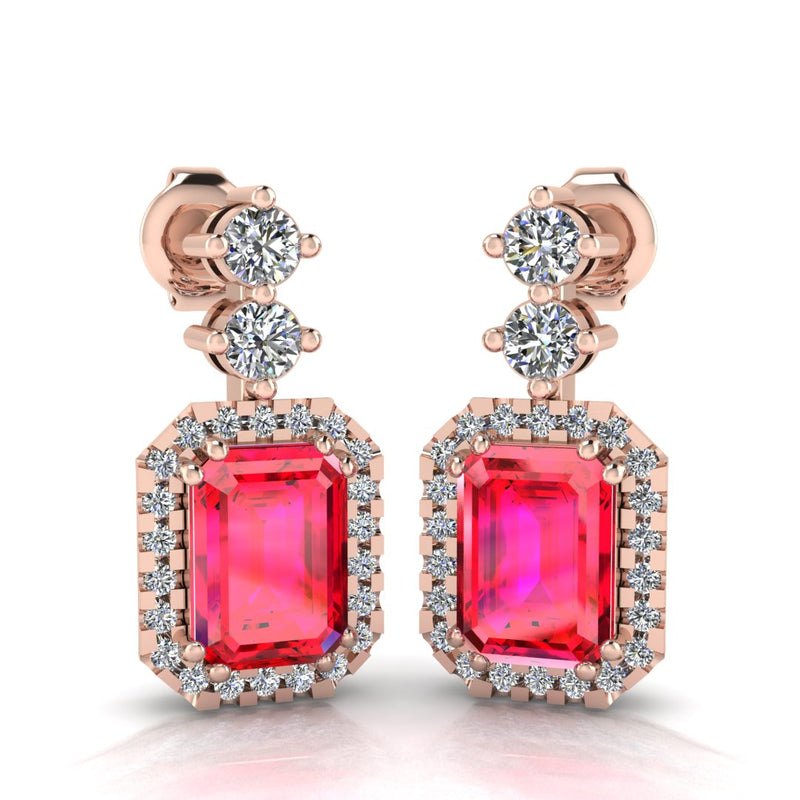 Emerald Cut 1 Carat Ruby Lab Grown Diamond Halo Drop Earrings E1ECR - HEERA DIAMONDS