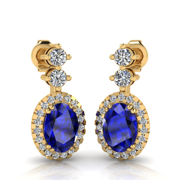 Sapphire 1.40 Carat Oval Shape Halo Natural Diamond Drop Earrings E1OCS - HEERA DIAMONDS