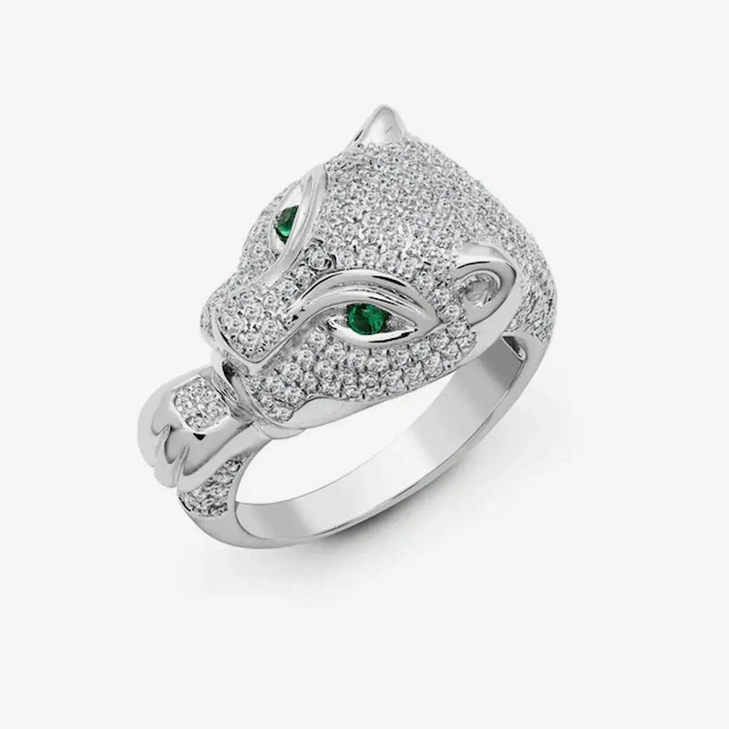 18ct White Diamond-1.21ct Em-0.06ct Panther Ring HEERA DIAMONDS