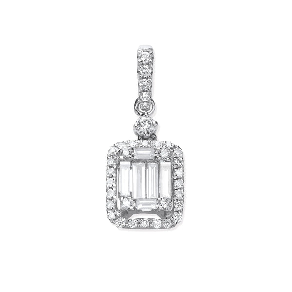 18ct White Gold 0.40ct Baguette & Brilliant Cut Diamond Rectangle Halo Pendant HEERA DIAMONDS