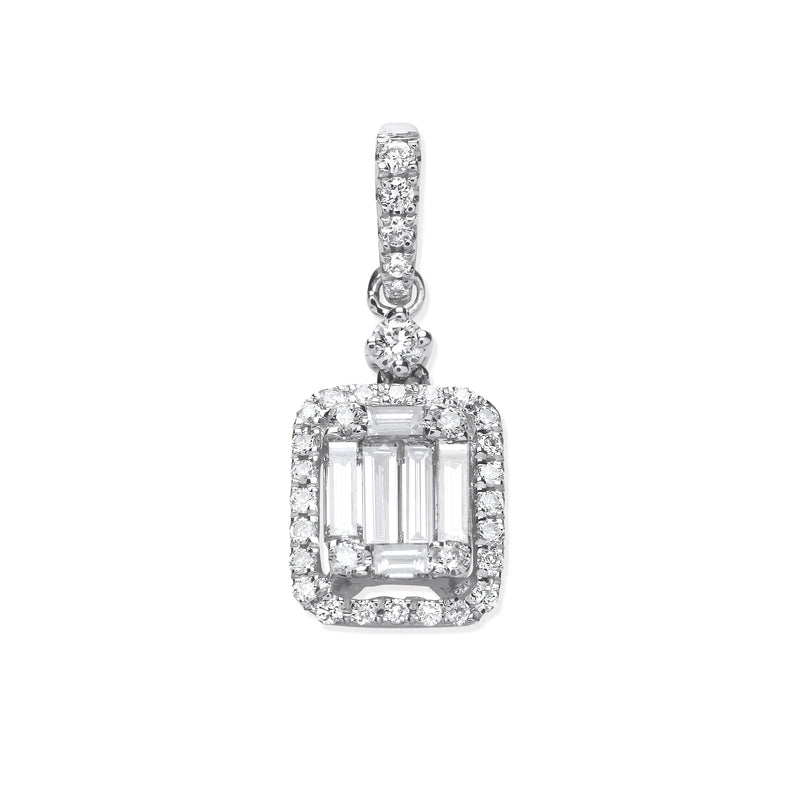 18ct White Gold 0.40ct Baguette & Brilliant Cut Diamond Rectangle Halo Pendant HEERA DIAMONDS