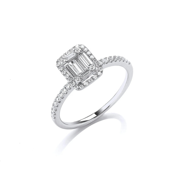 18ct White Gold 0.50ct Baguette & Brilliant Cut Diamonds Rectangle Halo Ring Hanron Jewellery