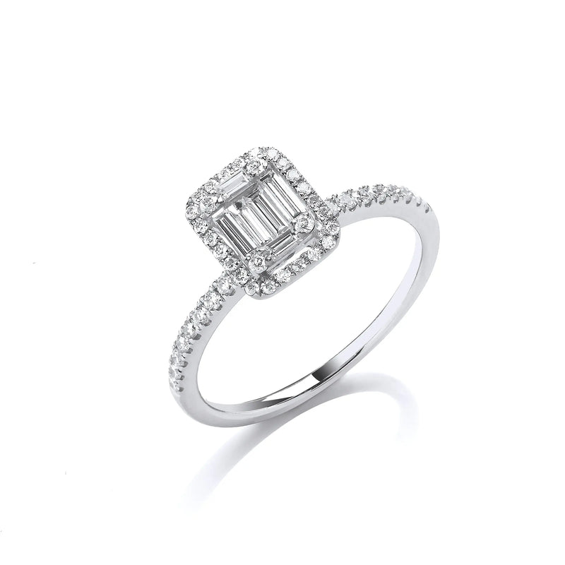 18ct White Gold 0.50ct Baguette & Brilliant Cut Diamonds Rectangle Halo Ring Hanron Jewellery
