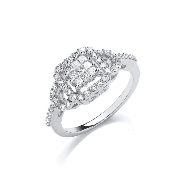 18ct White Gold 0.50ct Square Halo Ring Hanron Jewellery