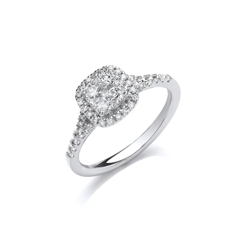 18ct White Gold 0.55ct Split Shoulder Halo Ring Hanron Jewellery