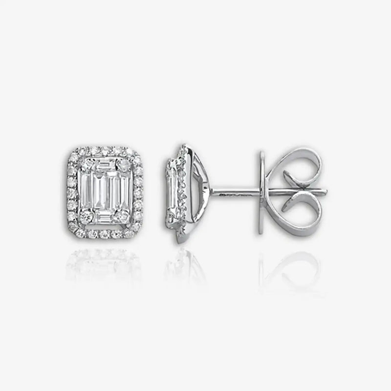 18ct White Gold 0.65ct Baguette & Brilliant Cut Diamond Rectangle Halo Earrings HEERA DIAMONDS