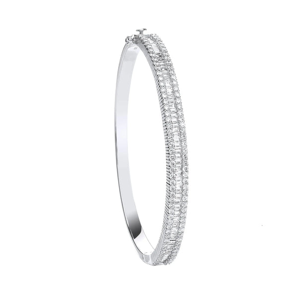 18ct White Gold 3.00ct Baguette & Brilliant Cut Diamond Half Eternity Bangle Hanron Jewellery