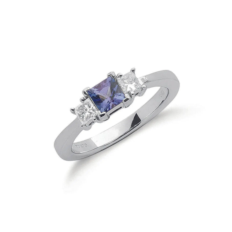 18ct White Gold Princess Cut 0.20ct Diamond & 0.5ct Tanzanite Ring Hanron Jewellery