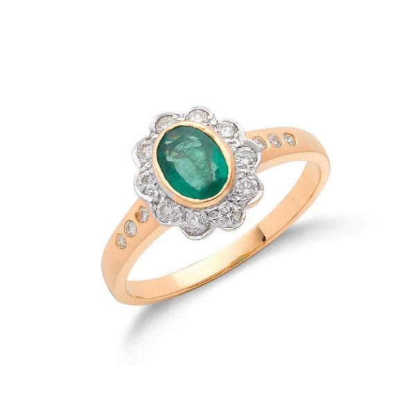 18ct Yellow Gold 0.3ct Diamond & 0.75ct Emerald Cluster Ring Hanron Jewellery