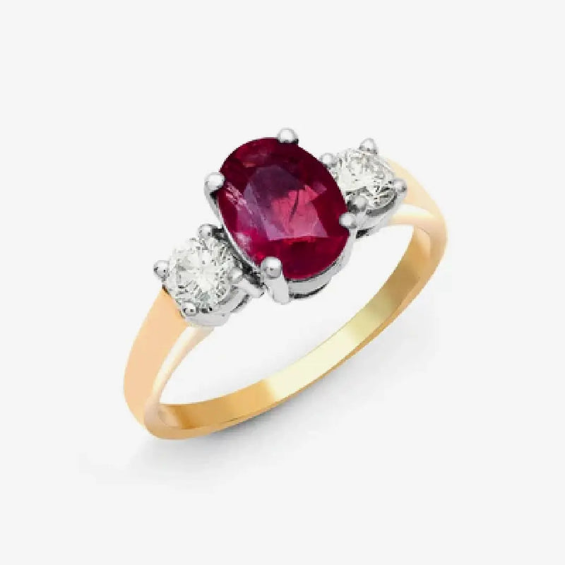 18ct Yellow Gold 3 Stone Diamond And Ruby Ring - HEERA DIAMONDS