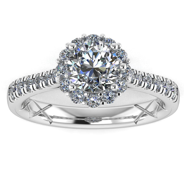 "Imogen" Flower Halo Round Brilliant Cut Diamond Scallop Set Diamond Shoulder Engagement Ring HARB06 - HEERA DIAMONDS