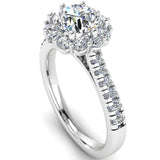 "Imogen" Flower Halo Round Brilliant Cut Diamond Scallop Set Diamond Shoulder Engagement Ring HARB06