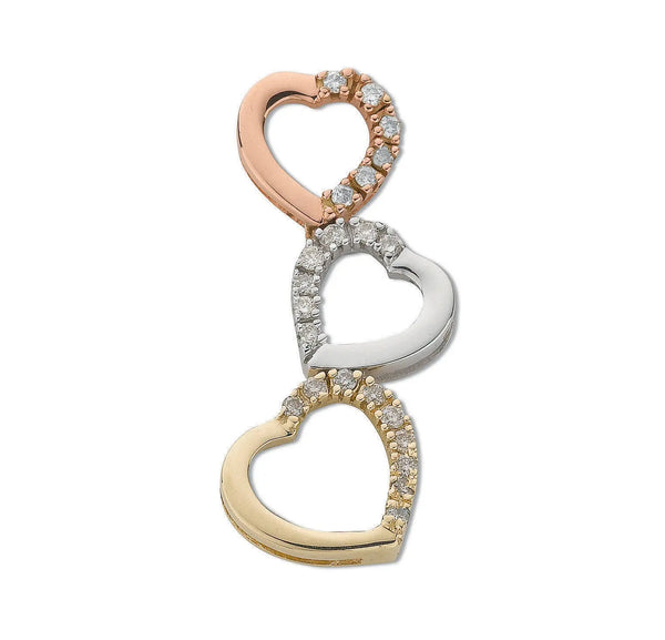 9ct Three Colour Gold 0.15ct Diamond Heart Drop Pendant HEERA DIAMONDS