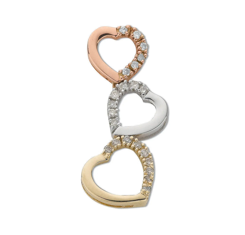 9ct Three Colour Gold 0.15ct Diamond Heart Drop Pendant HEERA DIAMONDS