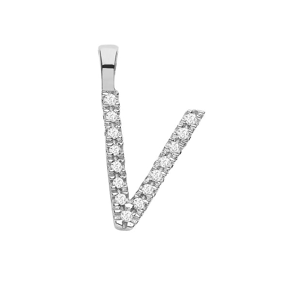 9ct White Gold 0.05ct Diamond V Initial Hanron Jewellery