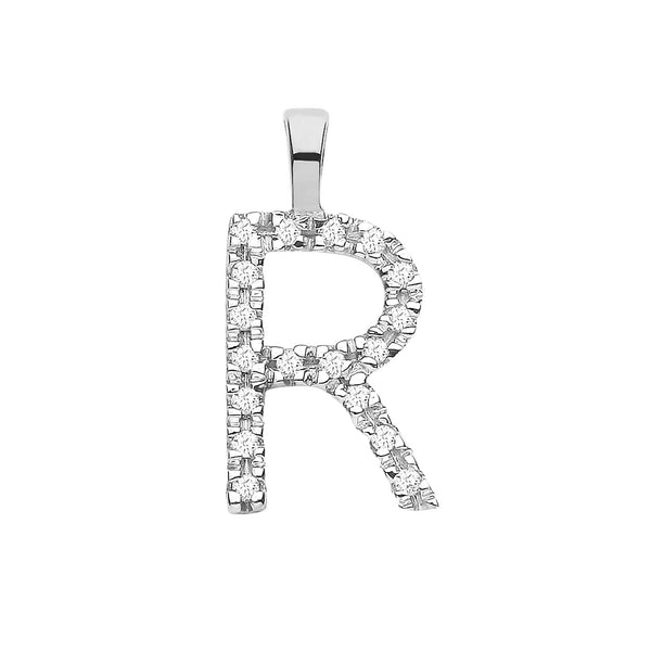 9ct White Gold 0.06ct Diamond R Initial Hanron Jewellery