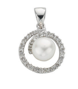 9ct White Gold 0.10ct Diamond & Freshwater Pearl Pendant Hanron Jewellery