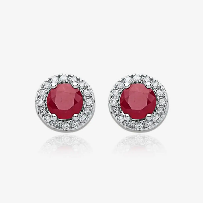 9ct White Gold 0.15ct Dia, 0.90ct Round Ruby Stud Earrings HEERA DIAMONDS