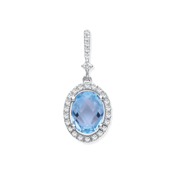 9ct White Gold 1.77ct Oval Blue Topaz & 0.17ct Diamond Pendant Hanron Jewellery
