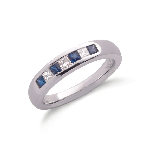 9ct White Gold Princess Cut 0.20ct Diamond & 0.35ct Blue Sapphire Eternity Ring Hanron Jewellery