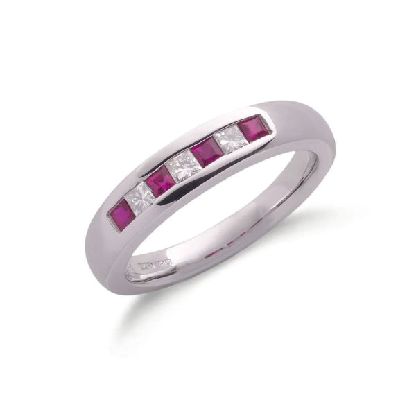 9ct White Gold Princess Cut 0.20ct Diamond & 0.35ct Ruby Eternity Ring Hanron Jewellery