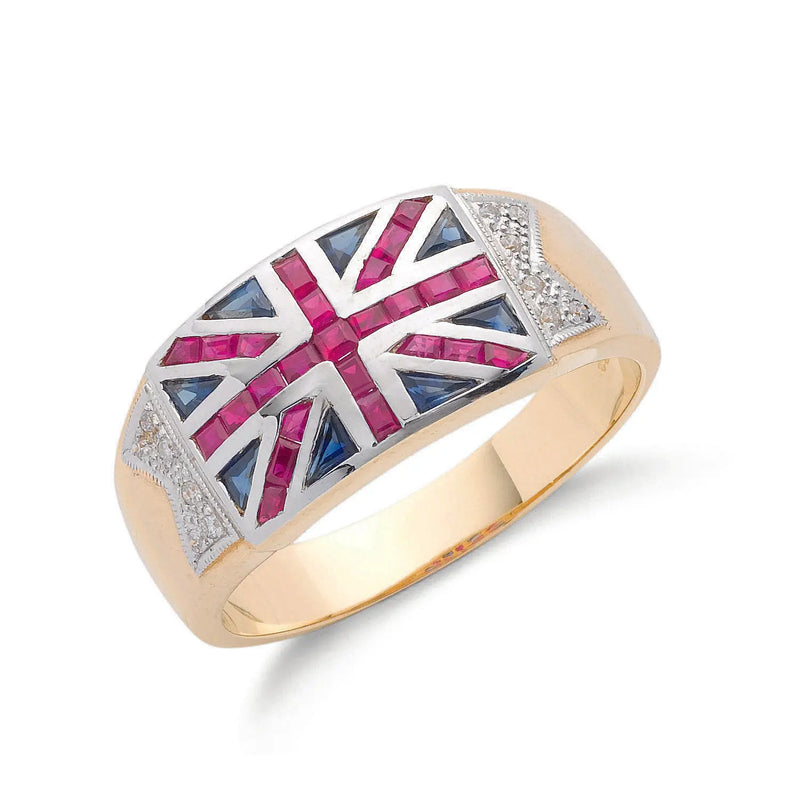 9ct Y/G 0.06ct Diamond 0.30ct Blue Sapphire &1.00ct Ruby Union Jack Ring Hanron Jewellery