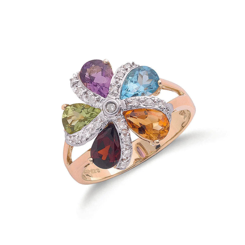9ct Y/G Diamond & Multi Colour St Flower / Cluster Ring Hanron Jewellery