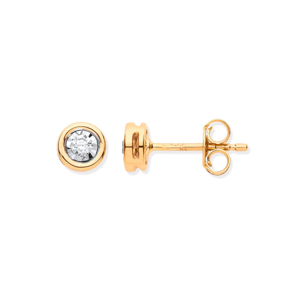 9ct YG Rub-Over Illusion Set 0.10ctw Diamond Studs Hanron Jewellery