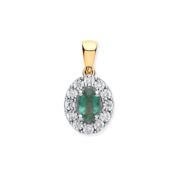 9ct Yellow Gold 0.40ct Emerald Cluster 0.05ct Diamond Pendant Hanron Jewellery