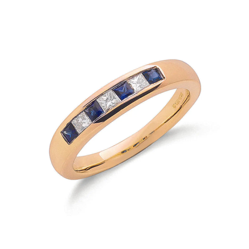 9ct Yellow Gold Princess Cut 0.20ct Diamond & 0.35ct Blue Sapphire Eternity Ring Hanron Jewellery