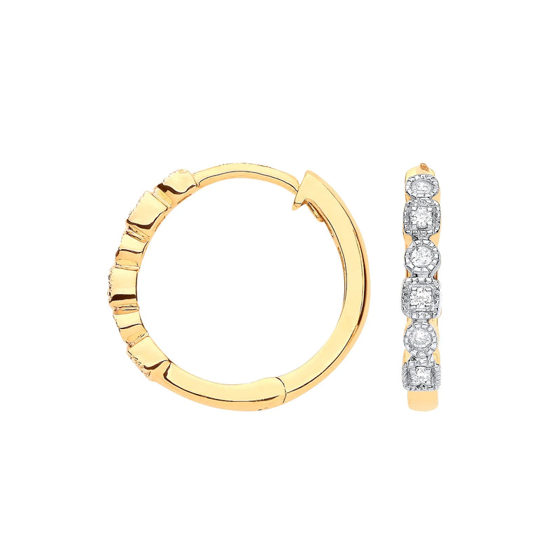 9ct Yellow Gold Round 0.10ctw Diamond Hoops Hanron Jewellery