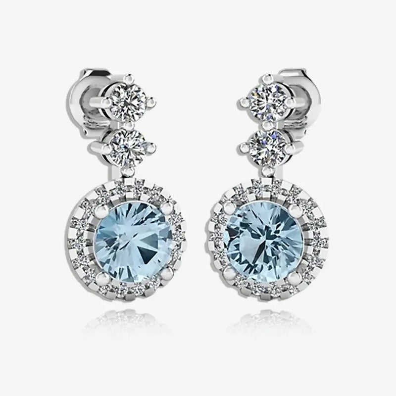 Aquamarine 1.10 Carat Round Shape Halo Lab Grown Diamond Drop Earrings E1RBA HEERA GOLD