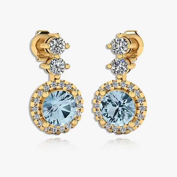 Aquamarine 1.10 Carat Round Shape Halo Lab Grown Diamond Drop Earrings E1RBA HEERA GOLD