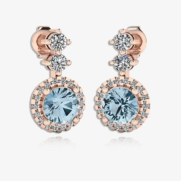 Aquamarine 1.10 Carat Round Shape Halo Natural Diamond Drop Earrings E1RBA HEERA GOLD