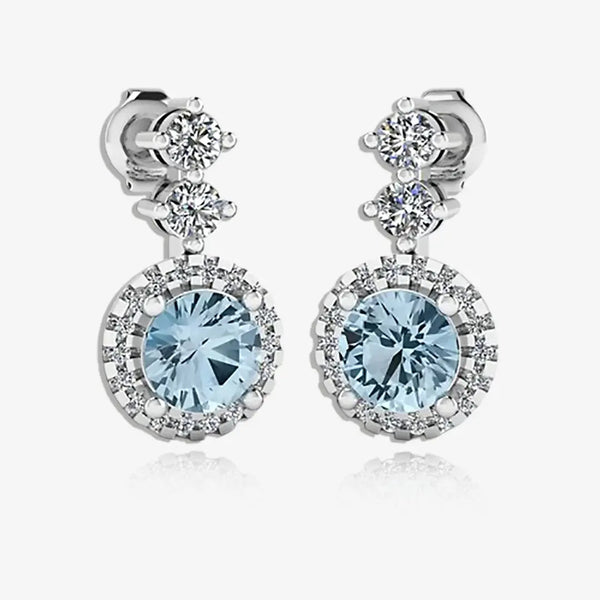 Aquamarine 1.10 Carat Round Shape Halo Natural Diamond Drop Earrings E1RBA HEERA GOLD