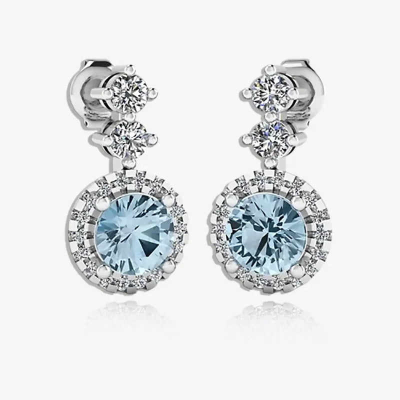 Aquamarine 1.10 Carat Round Shape Halo Natural Diamond Drop Earrings E1RBA HEERA GOLD