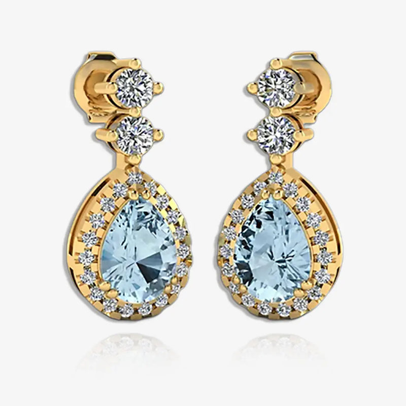 Aquamarine 1.30 Carat Pear Shape Halo Natural Diamond Drop Earrings E1PSA HEERA GOLD