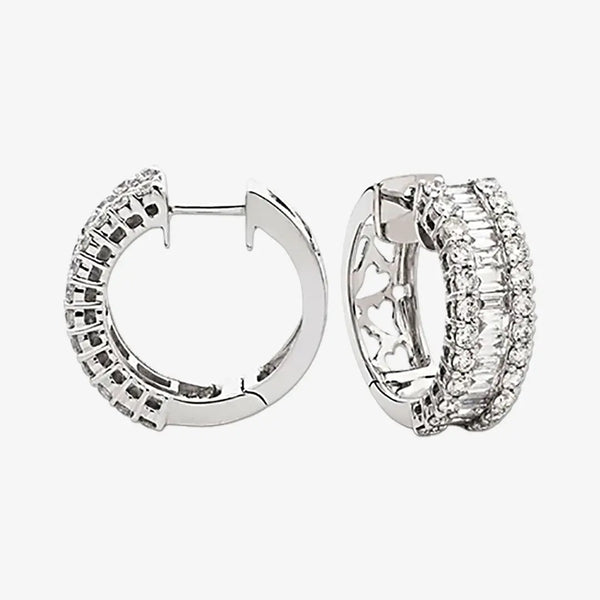 BAGUETTE AND ROUND CUT DIAMOND HOOP EARRING IN 18K WHITE GOLD HEERA DIAMONDS