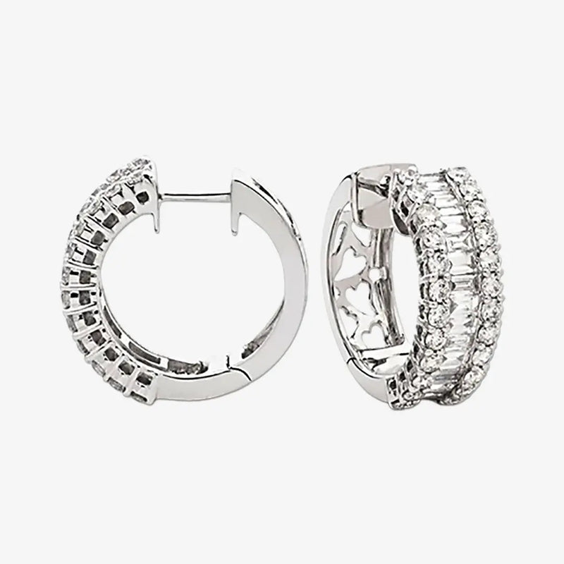 BAGUETTE AND ROUND CUT DIAMOND HOOP EARRING IN 18K WHITE GOLD HEERA DIAMONDS