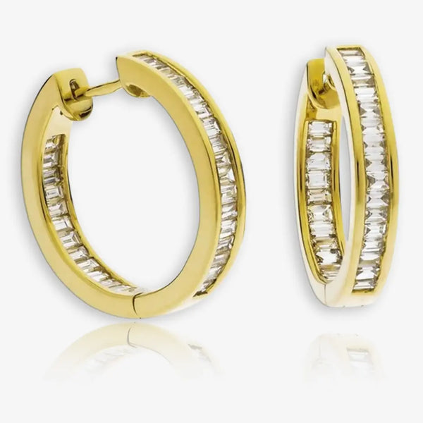 BAGUETTE CUT DIAMOND CHANNEL SET HOOP EARRINGS IN 18K YELLOW GOLD HEERA DIAMONDS
