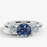"Bluzz" Round Cut 1.5 Carat Blue Sapphire Trilogy Yellow Gold Engagement Ring -White Gold