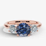 "Bluzz" Round Cut 1.5 Carat Blue Sapphire Trilogy Yellow Gold Engagement Ring -Rose Gold