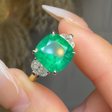 "Calyrex" Emerald Green 3.4 Carat Cushion Cut Trilogy Diamond Engagement Ring HR1846 HEERA DIAMONDS