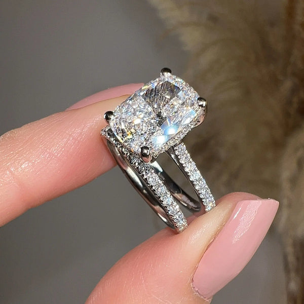 "Crussey" 5 Carat Cushion Cut Diamond Matching Bridal Set Engagement Ring HEERA DIAMONDS