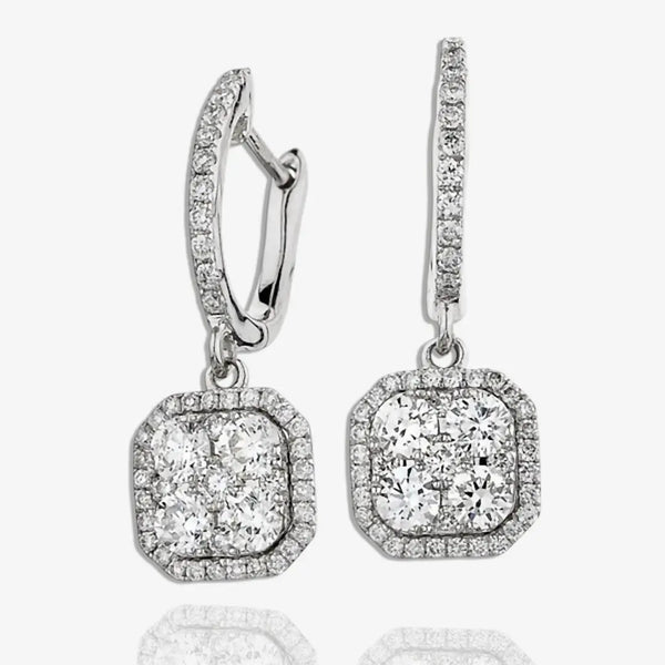 DIAMOND CLUSTER AND HALO DROP EARRINGS IN 18K WHITE GOLD HEERA DIAMONDS