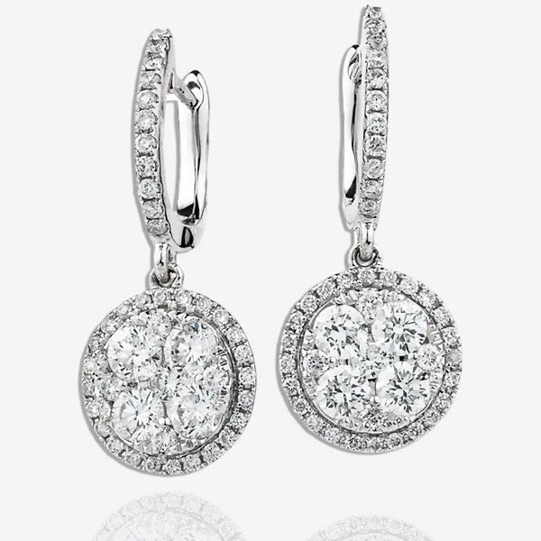 DIAMOND CLUSTER AND HALO DROP EARRINGS IN 18K WHITE GOLD HEERA DIAMONDS