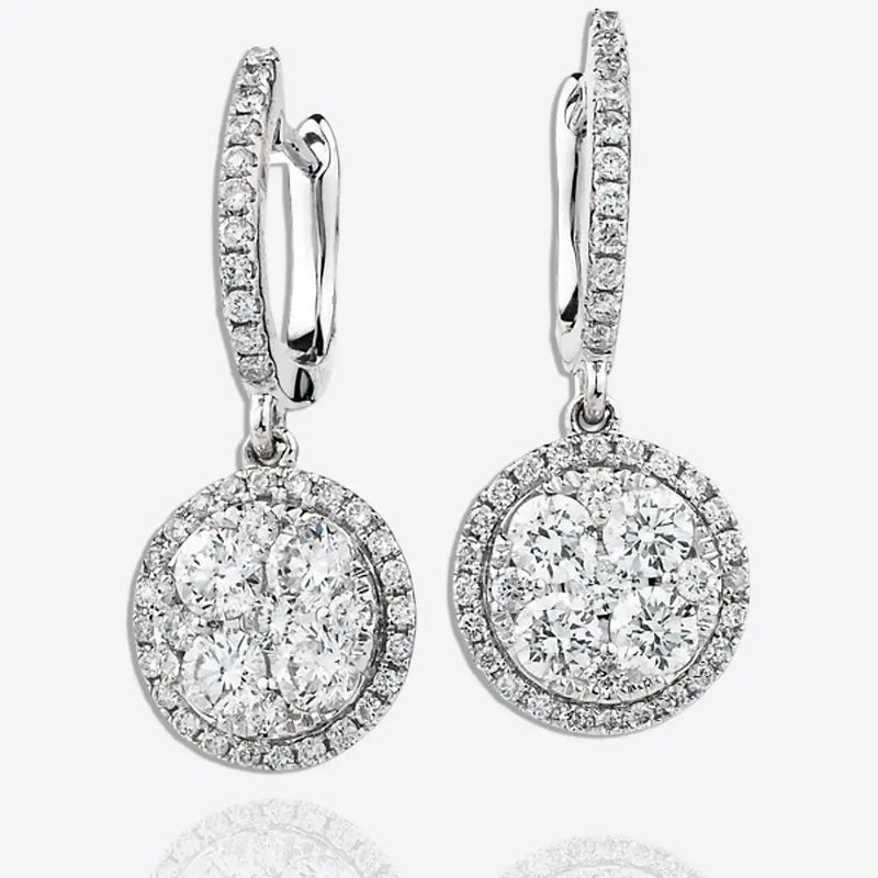 DIAMOND CLUSTER AND HALO DROP EARRINGS IN 18K WHITE GOLD HEERA DIAMONDS