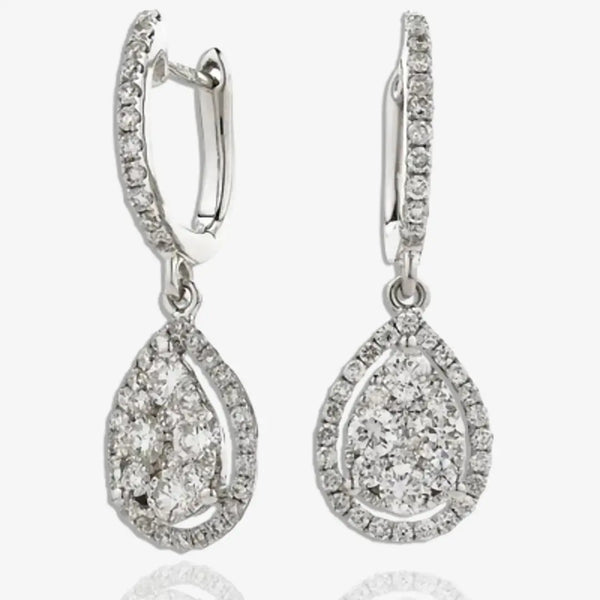 DIAMOND CLUSTER AND HALO DROP EARRINGS IN 18K WHITE GOLD HEERA DIAMONDS