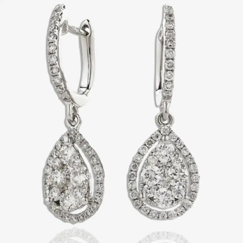 DIAMOND CLUSTER AND HALO DROP EARRINGS IN 18K WHITE GOLD HEERA DIAMONDS